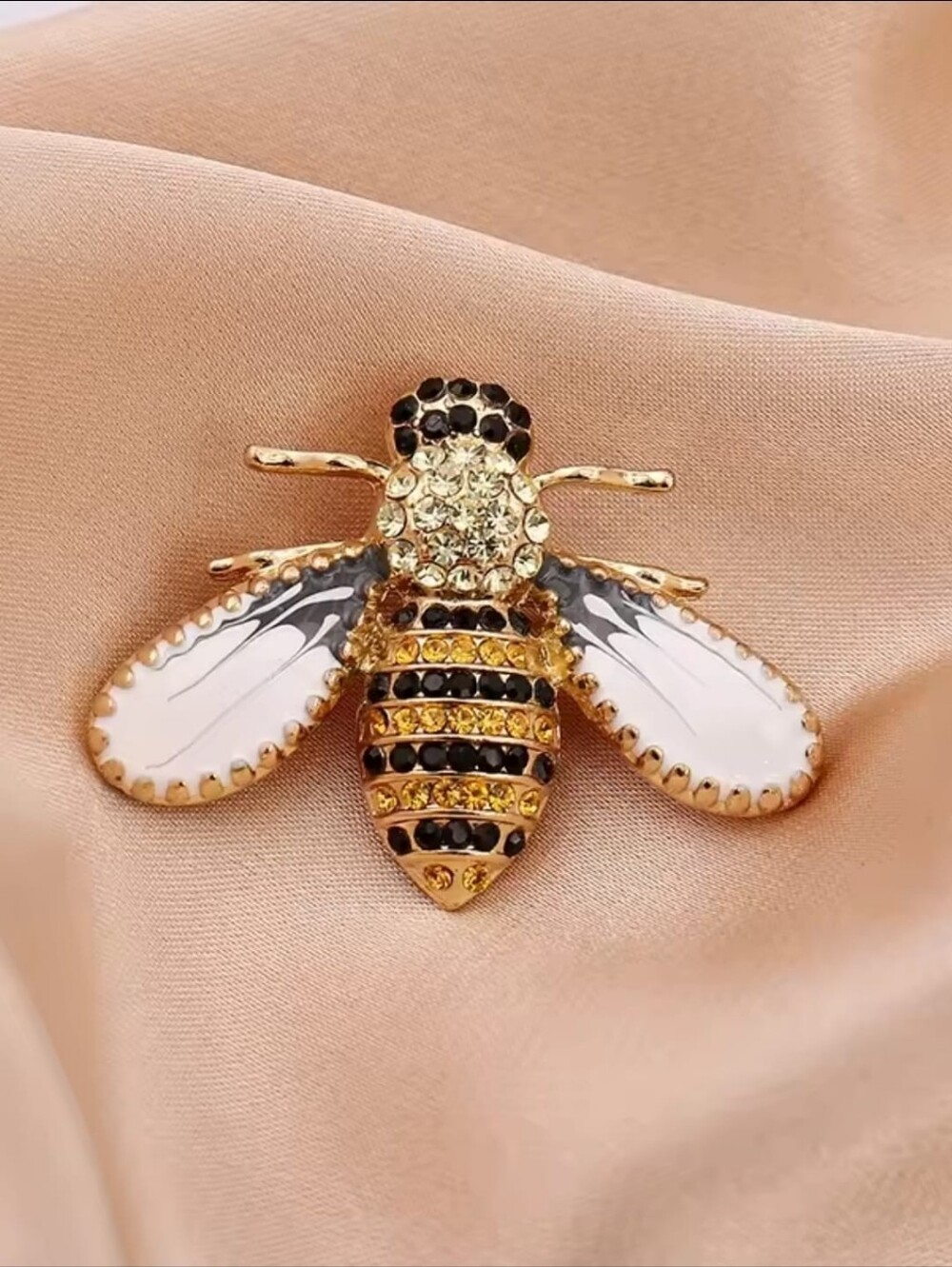 Gold Bee Brooch with White Enamel Wings and Amber Crystals - Picture 2 of 7